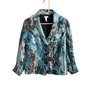 Chicos Dreema Crinkle Blazer Jacket Tantalizing Teal Abstract Print Size 2 Large